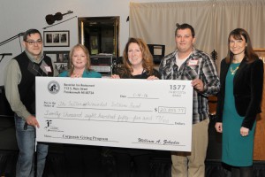 Caption: Jan 4, 2016 check presentation from Bavarian Inn Company Giving Program to the Fallen and Wounded Soldiers Fund: (l. to r.) Sgt. Jason Gomez, Kathy Walstad (Giving Program chair), Lynn Phillips from the FWSF, Cpl. Bobby Irish, and Amy Zehnder-Grossi (Bavarian Inn general manager). Photo by Rummel Studios.